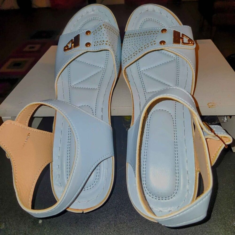 Pastel Light Blue Buckle Accent Punched Sandals Size 43 11.5